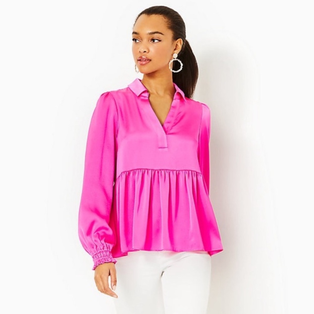 Lilly Pulitzer || Jaylene Long Sleeve V Neck Ruffle Top Cerise Pink 00